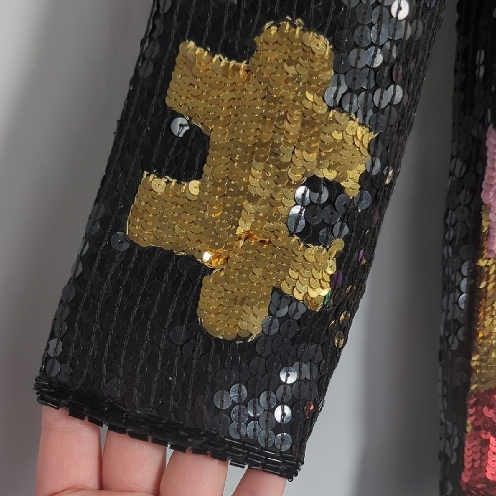 Vintage 80's Sequin Puzzle Piece Silk Colorful Blouse Glass Bead RARE Autism Med - Picture 10 of 16